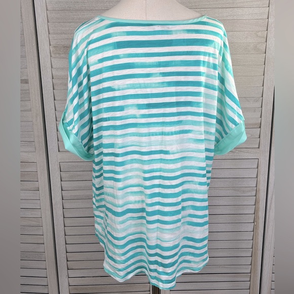 ADRIENNE VITTADINI Striped Pocket Tee Cuffed Sleeves Teal Green/White-XXL - Picture 2 of 3